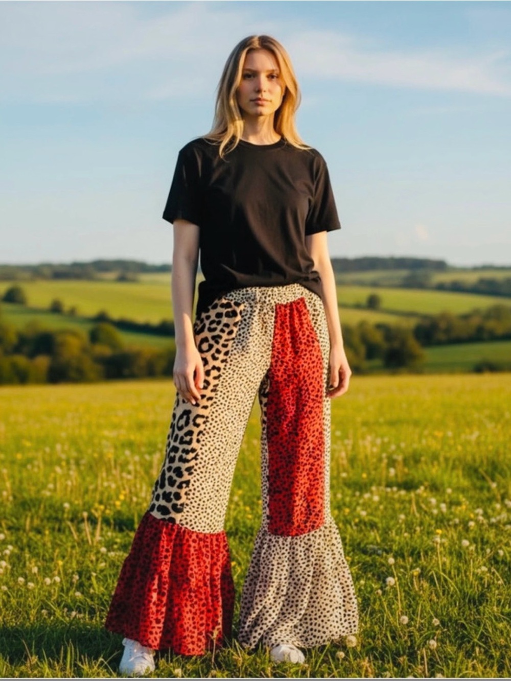 NWT Umgee Wide Leg Patchwork Animal Print Pants in Red, Cream and tan